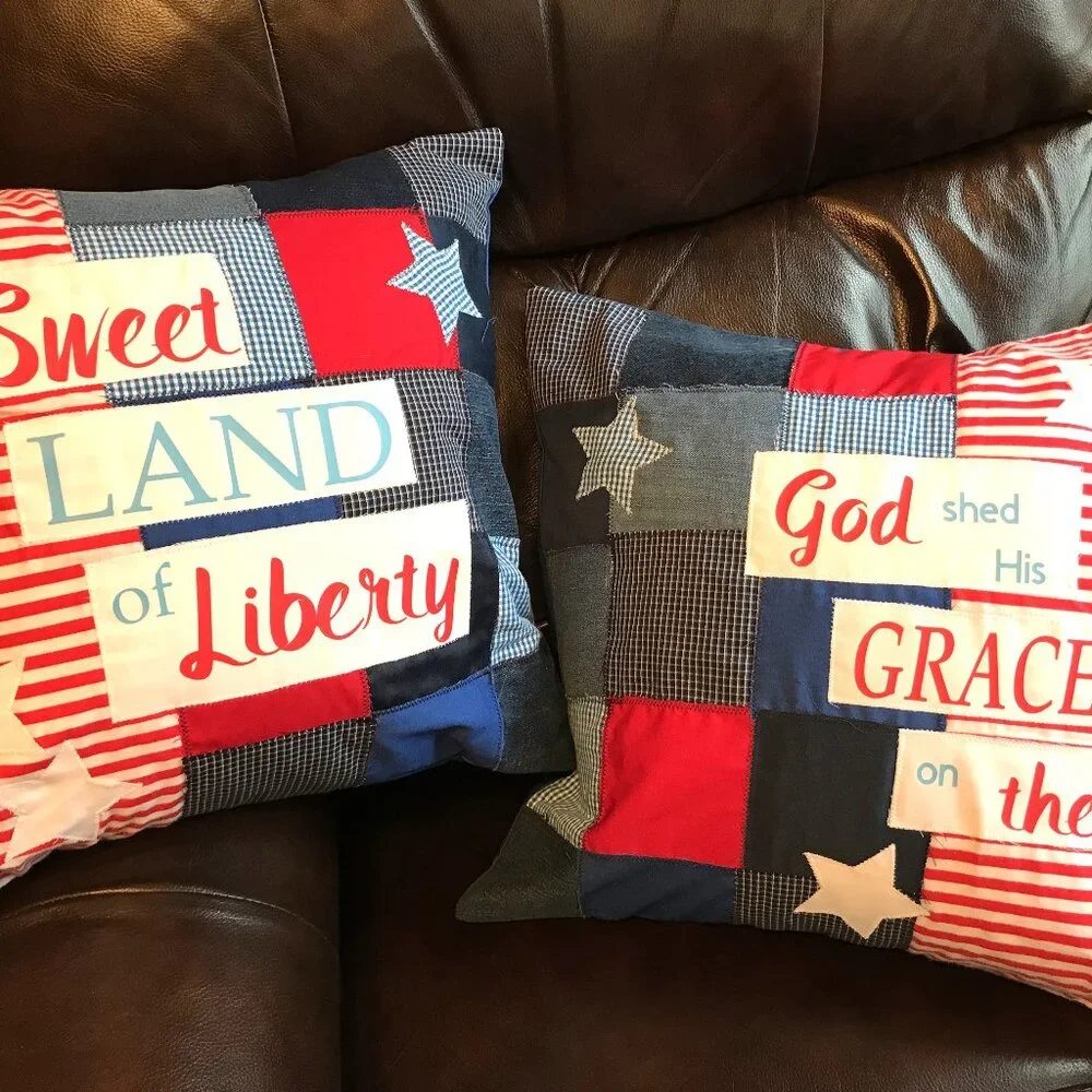Patriotic Pillow Cover, Patchwork Stars Sweet Land of Liberty 18 x 18